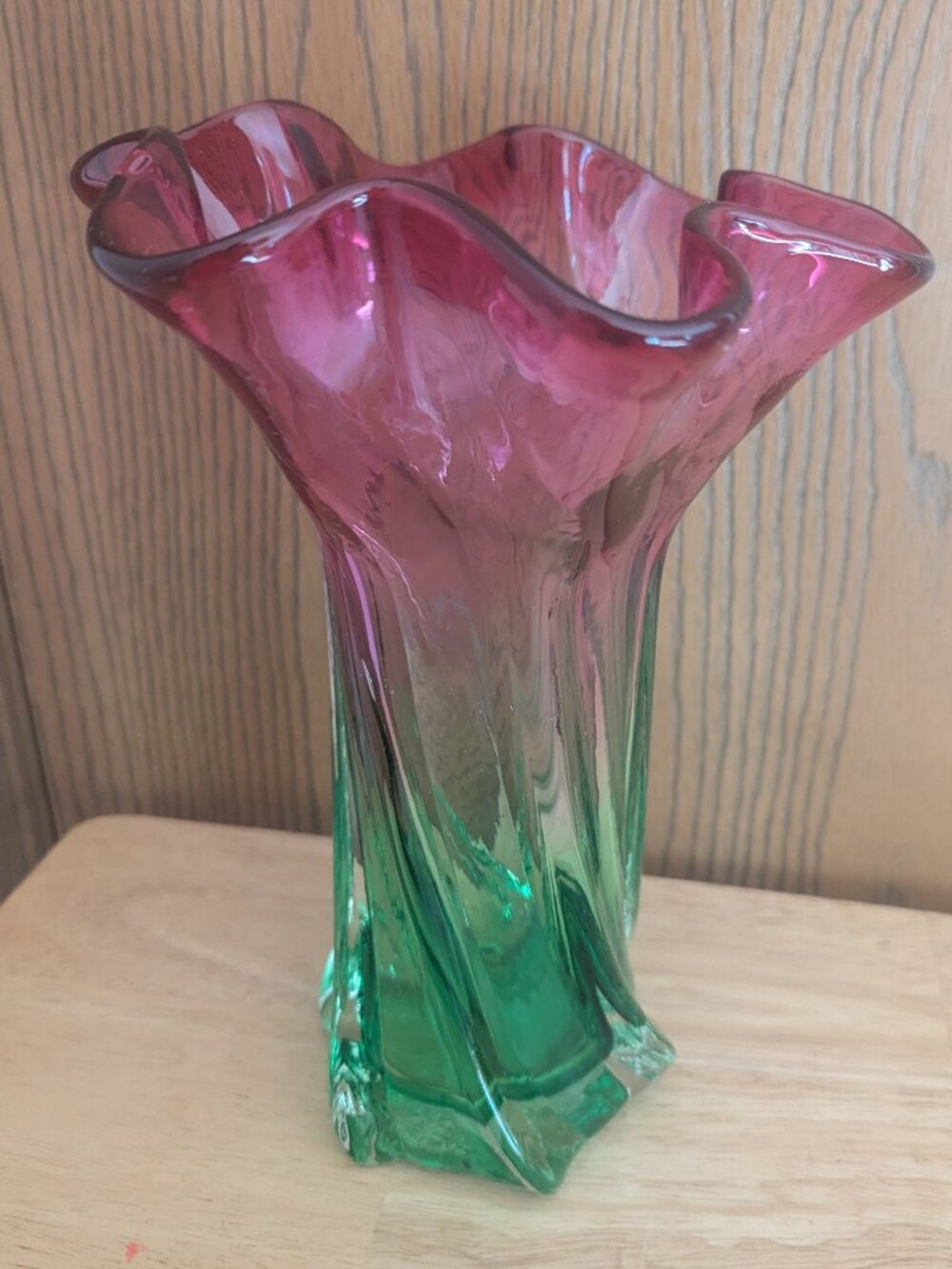 Vintage Watermelon Cranberry Pink Green Handblown Art Glass Swirl Vase 10" Heavy